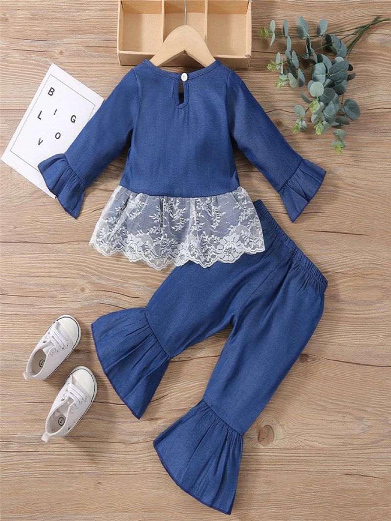 2db Készlet Lányok Denim Lace Bow Long Sleeve & Pants