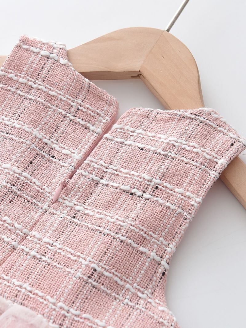 2db Kisgyermek Lányoknak Hálós Szoknya És Gingham Ujjú Felső Szett