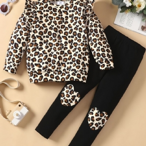 2db-os Tipegő Lány Szett Őszi-téli Új Gyerekeknek Leopard Solid Top & Patchwork Leopárd Nadrág