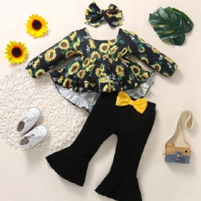 3db Lányok Flower Sunflower Print Top + Kiszélesedő Nadrág Szett