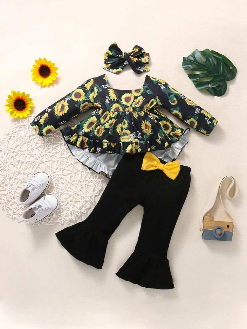 3db Lányok Flower Sunflower Print Top + Kiszélesedő Nadrág Szett