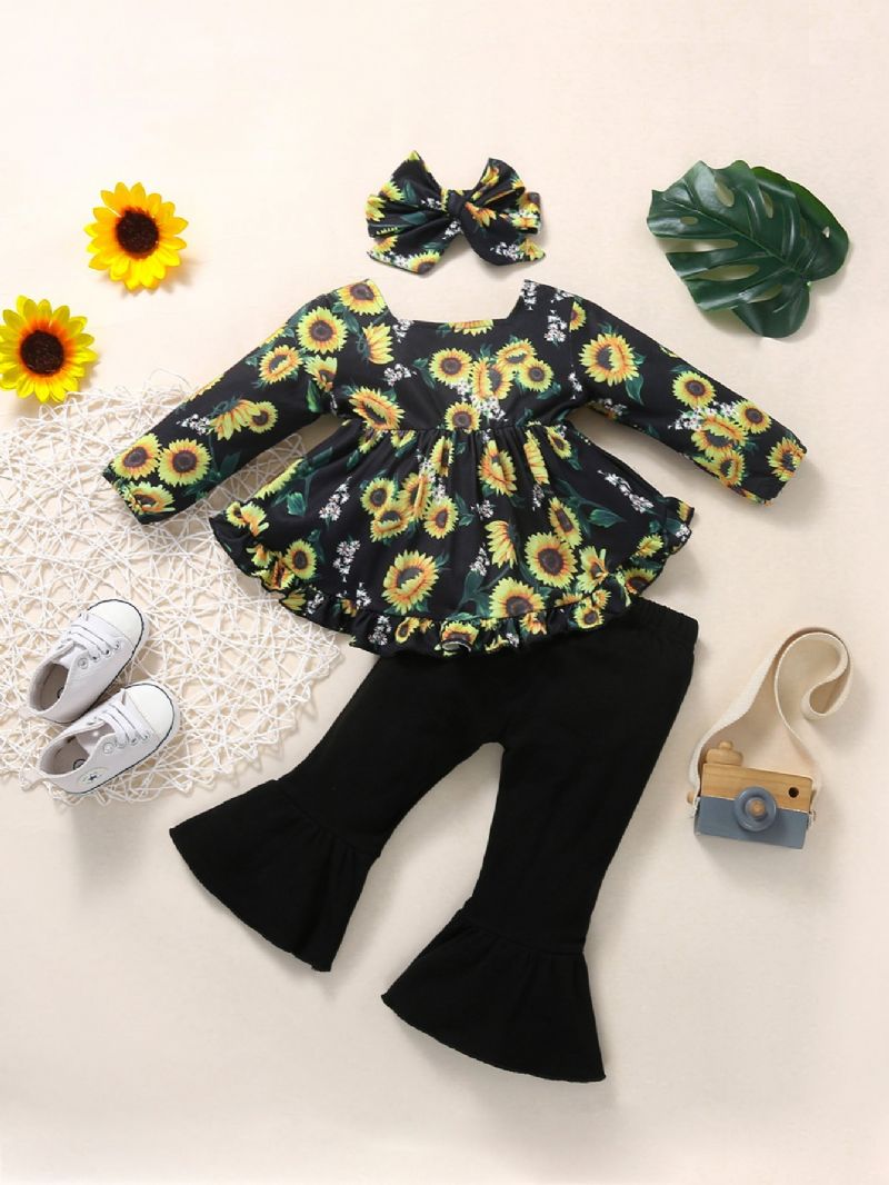 3db Lányok Flower Sunflower Print Top + Kiszélesedő Nadrág Szett