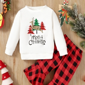 Bébi Lányok Karácsonyi Print Outfit Hosszú Ujjú Pulóver Kockás Nadrág Szett Télre