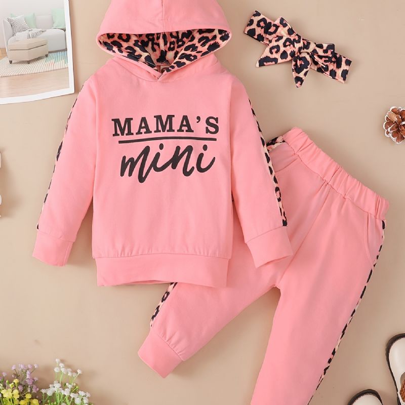 Bébi Lányok Leopard Patchwork Letter Print Kapucnis Melegítő Szett Csípős Fejpánttal