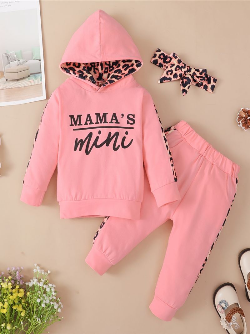 Bébi Lányok Leopard Patchwork Letter Print Kapucnis Melegítő Szett Csípős Fejpánttal