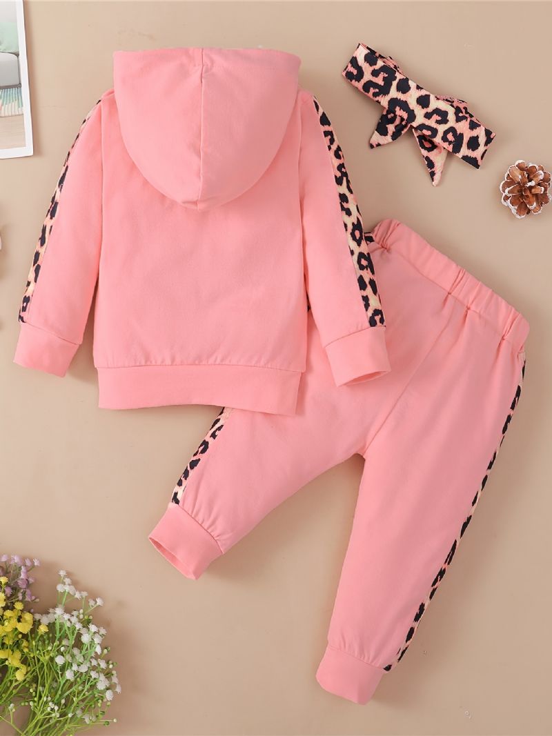 Bébi Lányok Leopard Patchwork Letter Print Kapucnis Melegítő Szett Csípős Fejpánttal