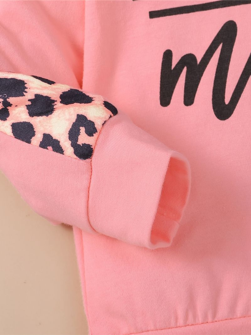Bébi Lányok Leopard Patchwork Letter Print Kapucnis Melegítő Szett Csípős Fejpánttal