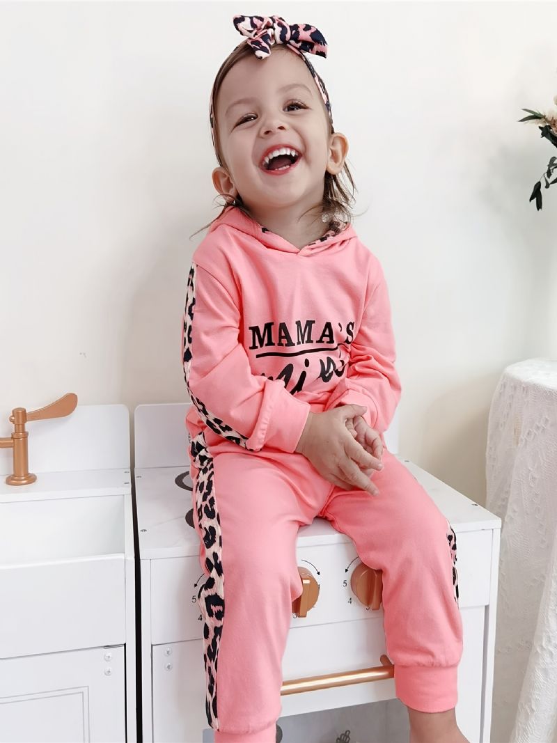 Bébi Lányok Leopard Patchwork Letter Print Kapucnis Melegítő Szett Csípős Fejpánttal