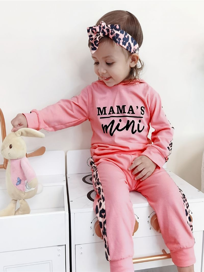 Bébi Lányok Leopard Patchwork Letter Print Kapucnis Melegítő Szett Csípős Fejpánttal