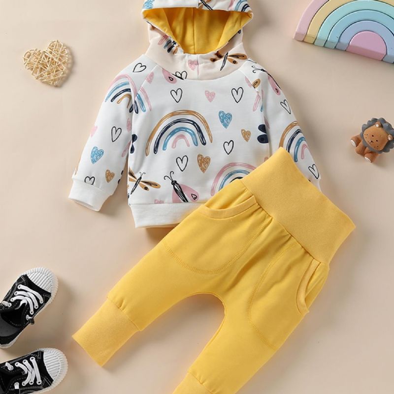 Bébi Lányok Rainbow Heart Print Kapucnis És Nadrág Szett