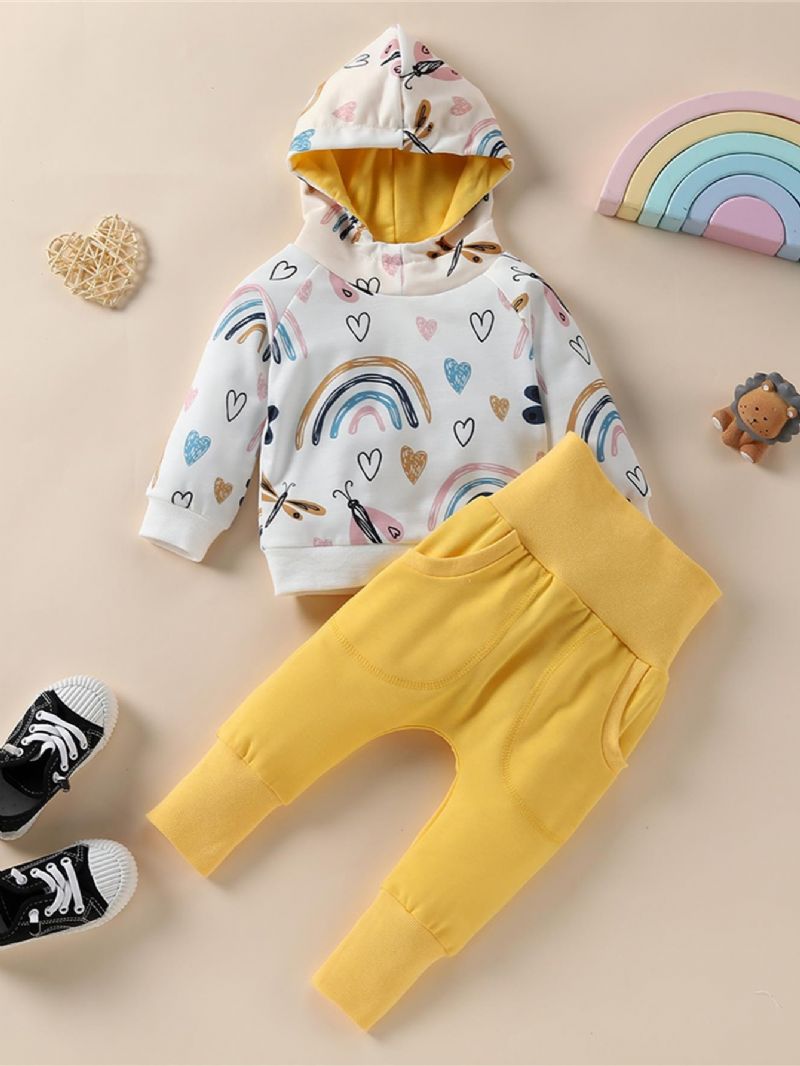 Bébi Lányok Rainbow Heart Print Kapucnis És Nadrág Szett