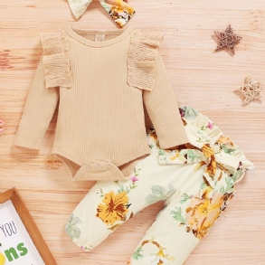 Infant Bébi Lányok Virágmintás Onesie Romper Pants Masni Fejpánt Készlet