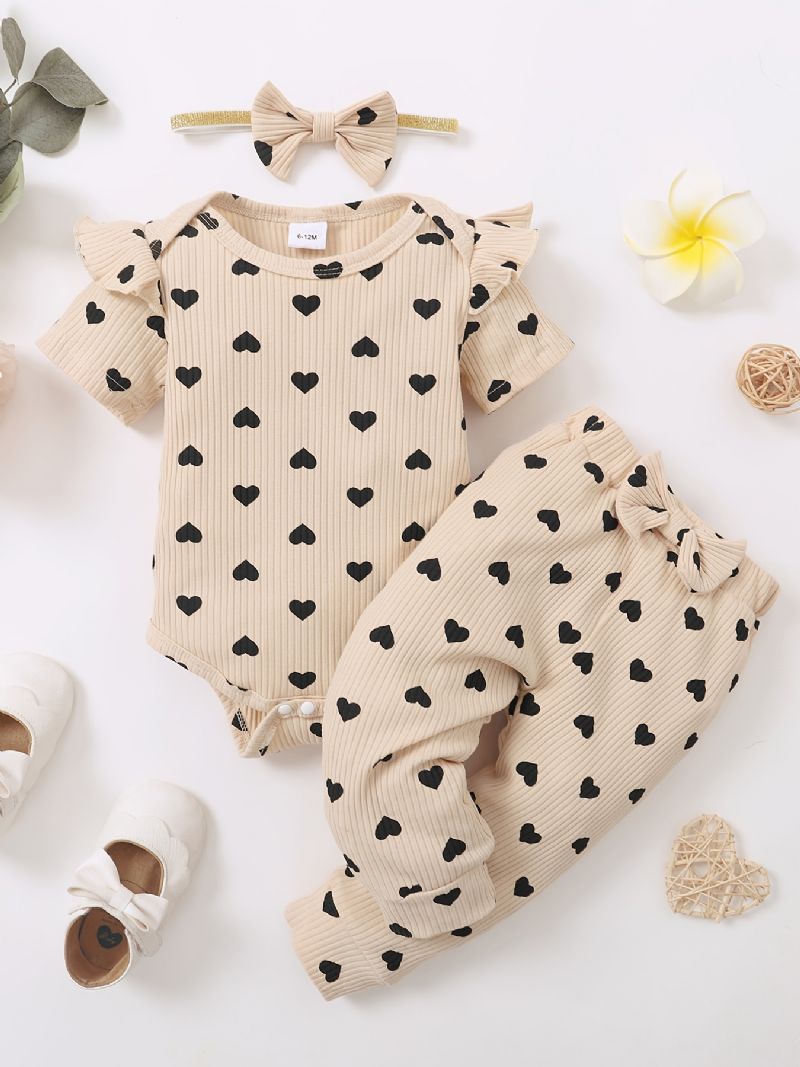 Kislány Kisgyermek Szívmintás Body + Nadrág Szett + Fejpántos Dress Onesie Babaruhák
