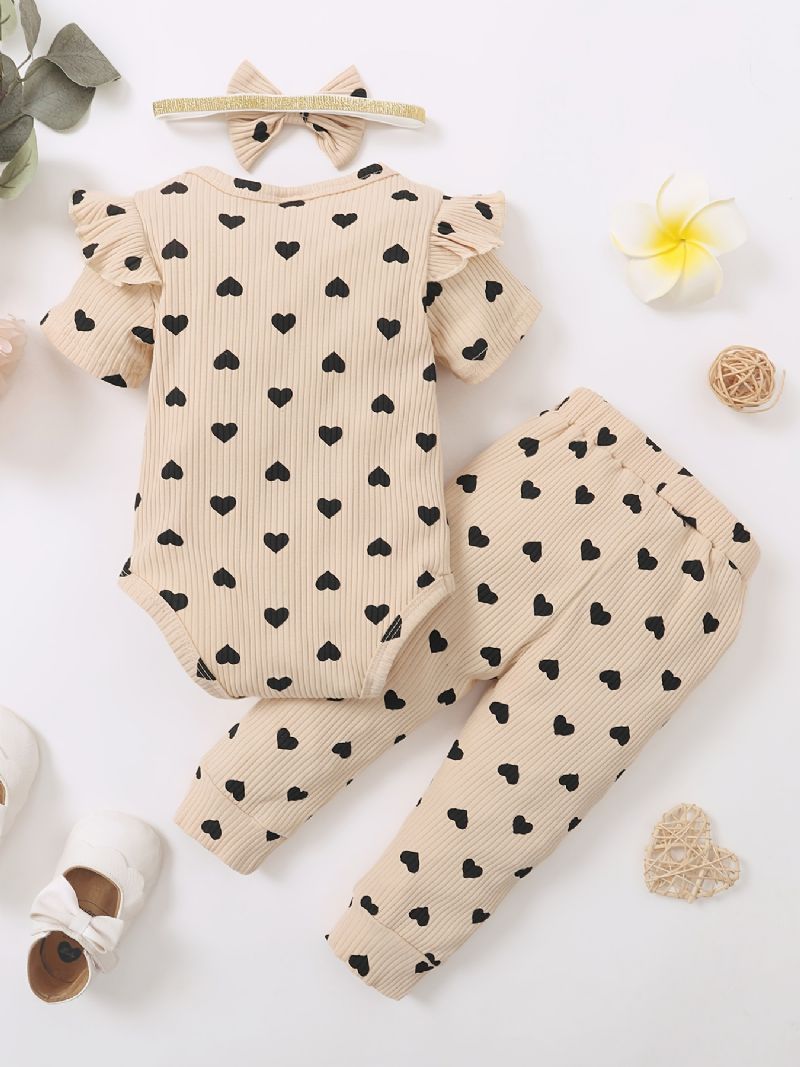 Kislány Kisgyermek Szívmintás Body + Nadrág Szett + Fejpántos Dress Onesie Babaruhák