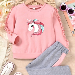 Lányok Unicorn Trim Hosszú Ujjú Pulóver + Hozzáillő Colorblock Melegítő Szett Téli Gyerekruhákhoz