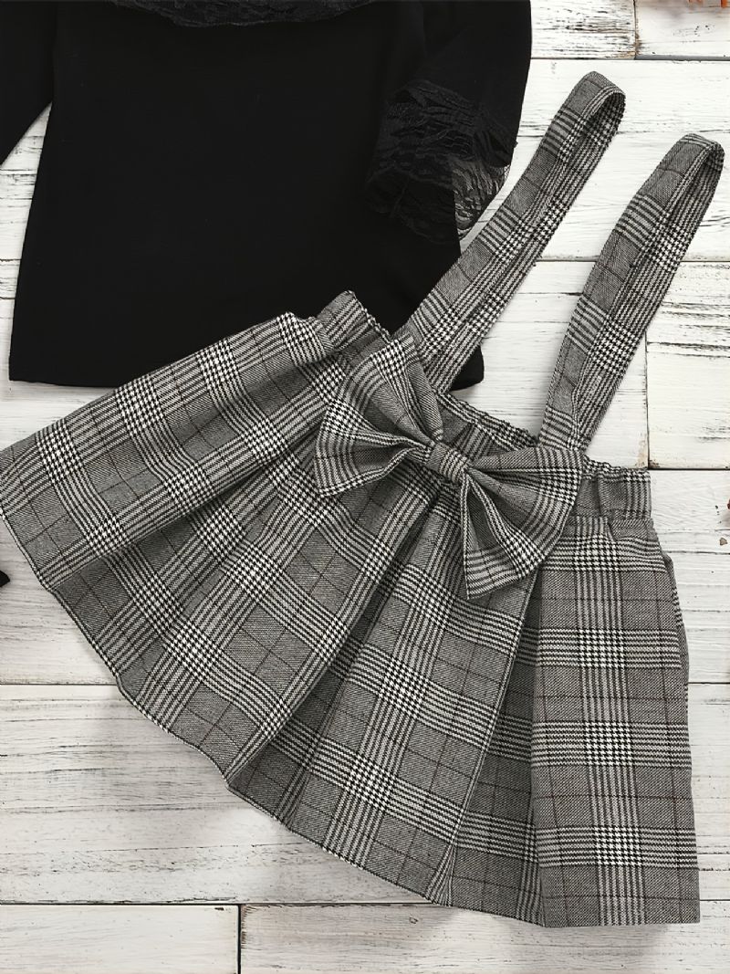 Tipegő Lányok Aranyos Csipke Díszítő Nyakú Gingham Cami Ruha Szettek + Fejpánt