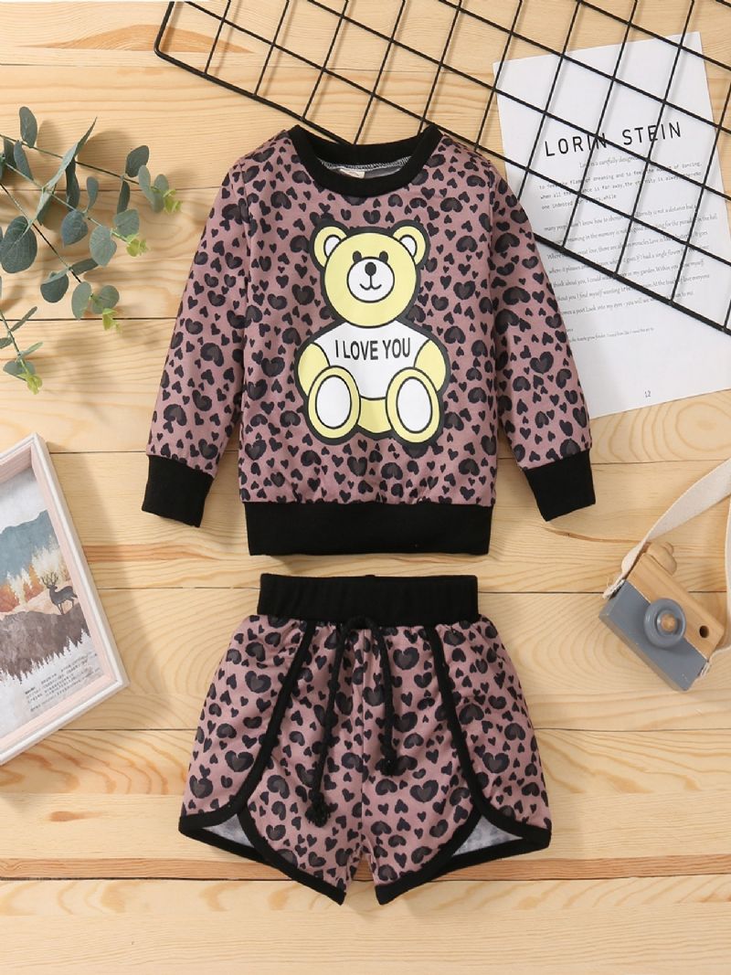 Toddler Lányok Bear Leopárdmintás Hosszú Ujjú Pulóver Húzózsinóros Melegítőnadrág Szettek