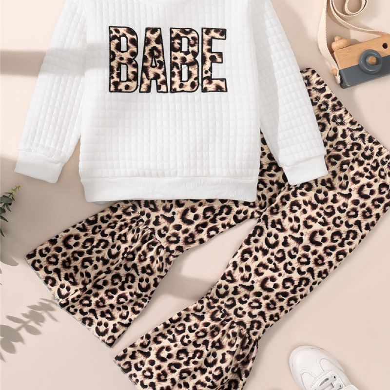 Toddler Lányok Leopard Print Crew Neck Pamut Hosszú Ujjú Kockás Fehér Póló Flare Nadrág Szett