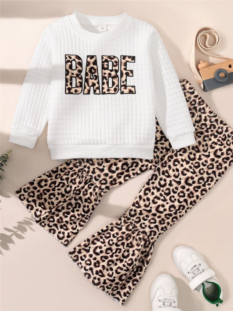 Toddler Lányok Leopard Print Crew Neck Pamut Hosszú Ujjú Kockás Fehér Póló Flare Nadrág Szett