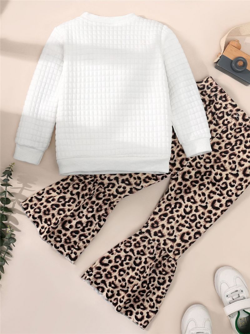 Toddler Lányok Leopard Print Crew Neck Pamut Hosszú Ujjú Kockás Fehér Póló Flare Nadrág Szett