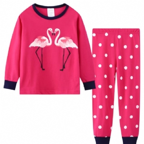 2db Kisgyermek Lányok Flamingómintás Pamut Nyakú Pulóver Pizsama Szettek