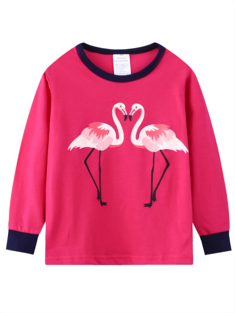 2db Kisgyermek Lányok Flamingómintás Pamut Nyakú Pulóver Pizsama Szettek