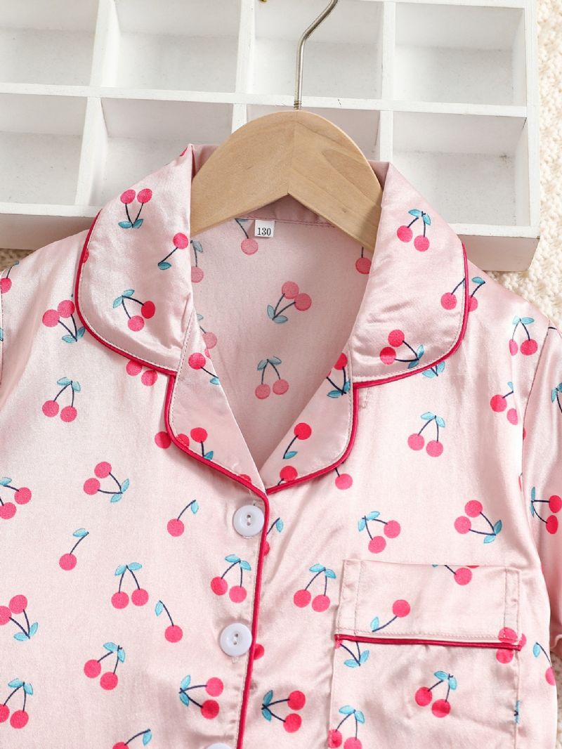 2db Lányok Cherry Print Szatén Hajtóka Nyakú Pizsama Szett