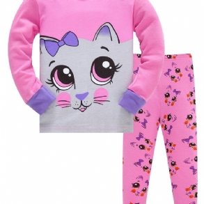 2db Lányok Lovely Cat Print Pizsama Szett Hosszú Ujjú Nyakú Felsőkkel És Nadrággal Téli Rózsaszínre