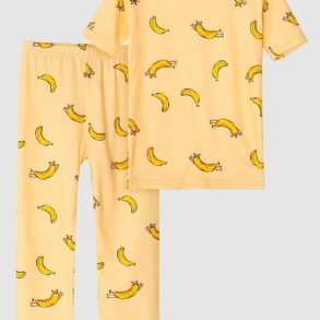 Gyerek Pizsama Banánmintás Kerek Nyakú Rövid Ujjú Nadrág Szett Fiúknak Lányoknak