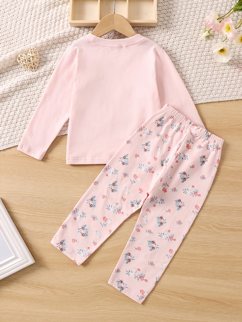 Gyerekek Aranyos Nyomtatott Kerek Nyakú Hosszú Ujjú Nadrág Pizsama Készlet