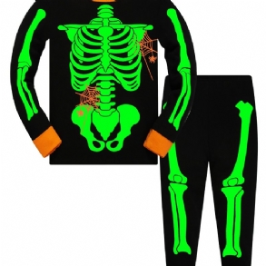 Popshion 2db Kisgyermek Pizsama Sötétben Világító Halloween Csontváz Pamut Hálóruha Szett Fiúknak Fluoreszkáló Elf Koponya Pókháló Hosszú Ujjú Öltöny