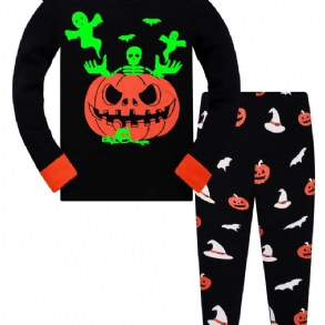Popshion Fiúk Fluoreszkáló Halloween Pumpkin Skull Bat Hosszú Ujjú Pizsama Nadrág Szett