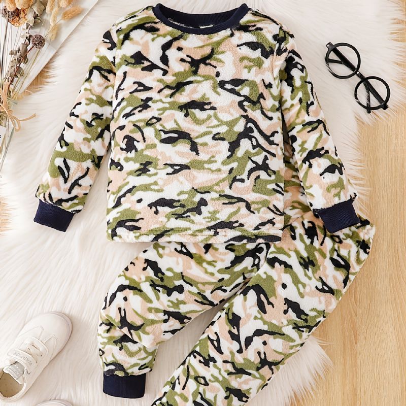 Toddler Fiúk Flanel Camo Print Crew Neck Pullover Pulóver Pizsama Szettek