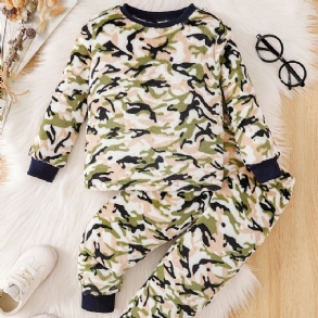 Toddler Fiúk Flanel Camo Print Crew Neck Pullover Pulóver Pizsama Szettek