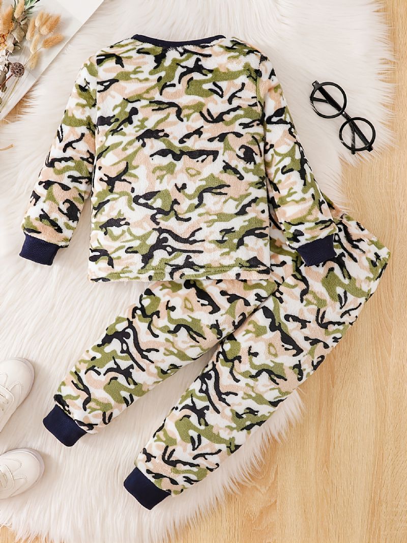 Toddler Fiúk Flanel Camo Print Crew Neck Pullover Pulóver Pizsama Szettek