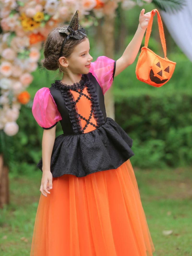 3db Lányok Halloween Tök Formájú Hercegnő Ruhák Tipegő Alkalmi Nyári Ruha Színes Blokk Buli Rövid Ujjú Bő Teljesítmény Jelmez