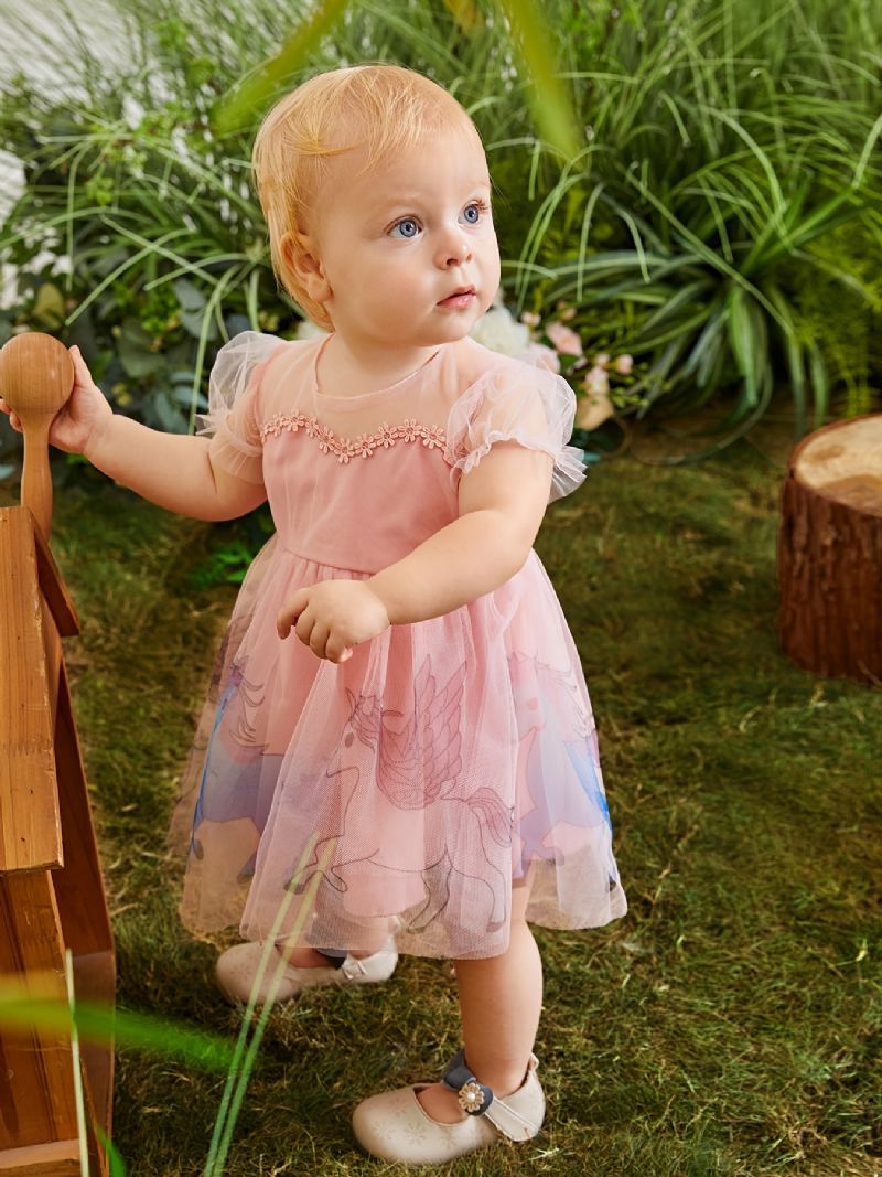 Elegáns Aranyos Hálós Hercegnő Ruha Kislányoknak Egyszarvú Mintával Rózsaszín Születésnapi Partira