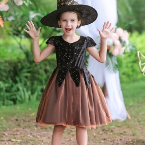 Gyerek Lányok Halloween Tüll Boszorkányok Cosplay Ruha Rövid Ujjú Báli Géz Szoknya Jelmez Születésnapi Parti Kalappal