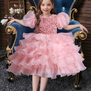 Lányok Aranyos Elegáns Puffos Ujjú Hálós Hercegnőruha Előadáshoz Bulizáshoz Rózsaszín