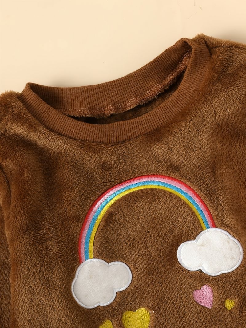 2db Bébi Lányok Cloud Rainbow Hímzett Plüss Pulóver Hosszú Ujjú És Nadrág Szett Gyerekruhák