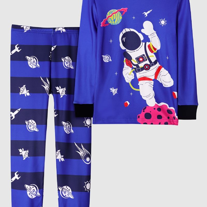 Fiúk Alkalmi Kék Rajzfilm Pizsama Szett Űrhajós Mintás Hosszú Ujjú Pólóval És Csíkos Nadrággal