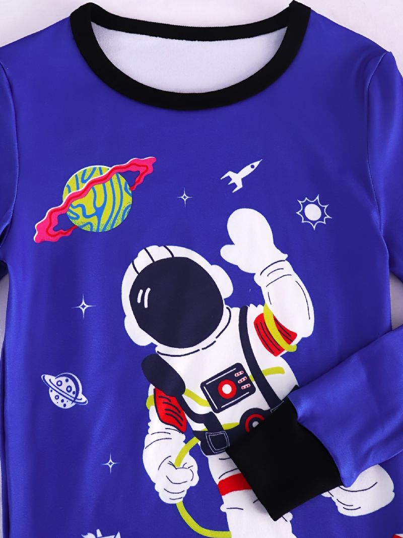 Fiúk Alkalmi Kék Rajzfilm Pizsama Szett Űrhajós Mintás Hosszú Ujjú Pólóval És Csíkos Nadrággal
