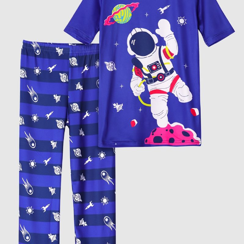 Gyerek Fiúk Pizsama Kék Űrhajós Mintás Kerek Nyakú Rövid Ujjú Felső És Nadrág Gyerekruha Szett