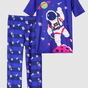Gyerek Fiúk Pizsama Kék Űrhajós Mintás Kerek Nyakú Rövid Ujjú Felső És Nadrág Gyerekruha Szett