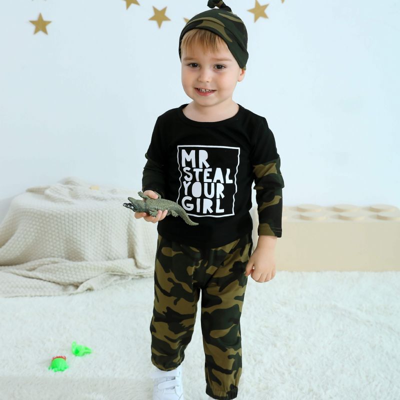 Kisfiúk Totyogó Ruhák Hosszú Ujjú Nyakú Camo Alphabet Print Ing És Kocogó Húzózsinóros Nadrág