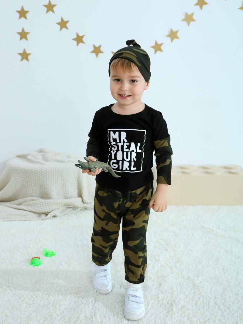 Kisfiúk Totyogó Ruhák Hosszú Ujjú Nyakú Camo Alphabet Print Ing És Kocogó Húzózsinóros Nadrág