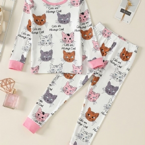 Lányok Lounge Wear Homewear Hosszú Ujjú Felső És Hozzáillő Nadrág Szett Macskamintával