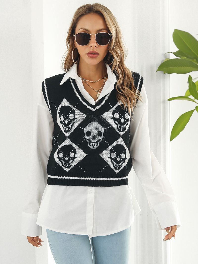 Női Pulóverek Y2k Halloween Skull Jacquard Argyle Tank Pulóver Tipegő Lányok Western Hem Kötött Blúz