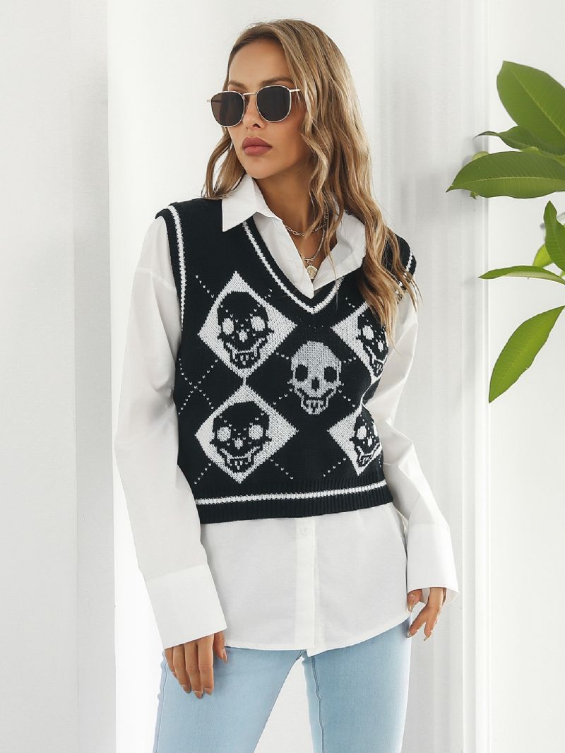 Női Pulóverek Y2k Halloween Skull Jacquard Argyle Tank Pulóver Tipegő Lányok Western Hem Kötött Blúz