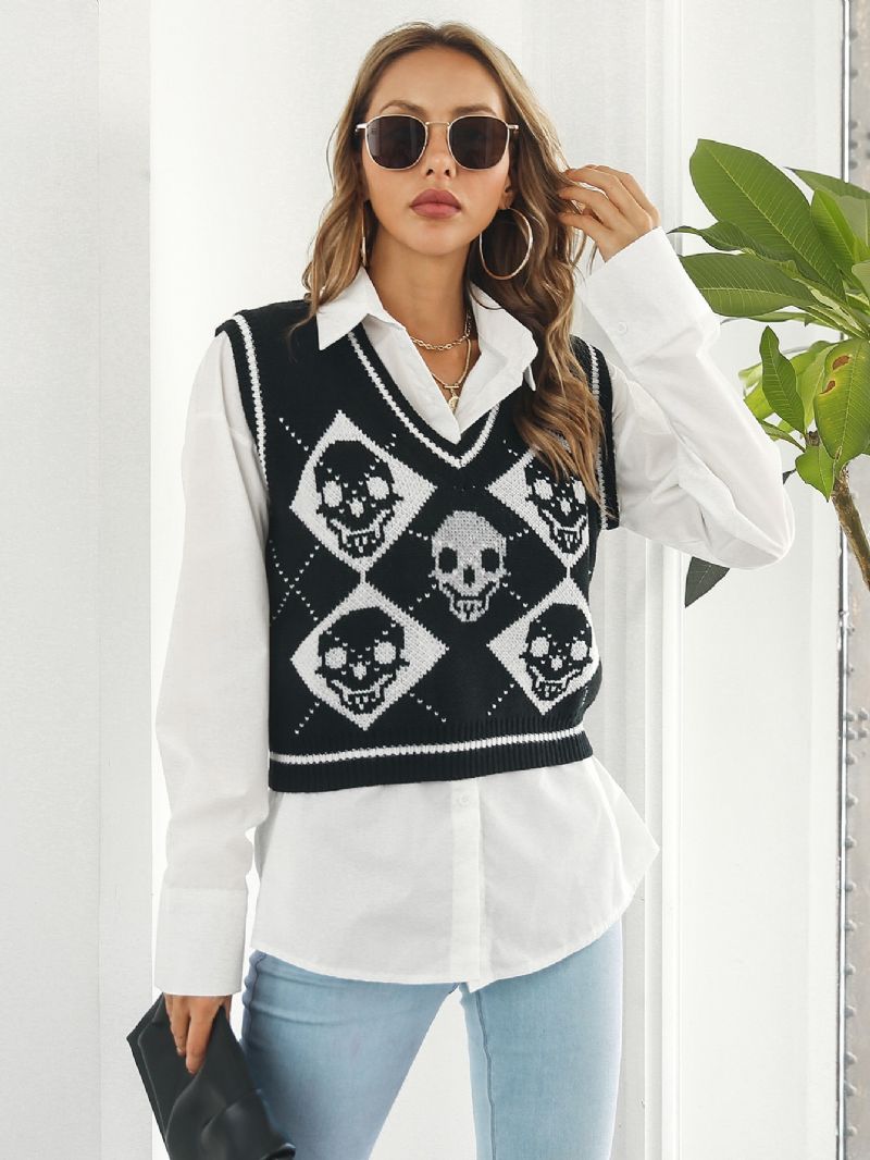 Női Pulóverek Y2k Halloween Skull Jacquard Argyle Tank Pulóver Tipegő Lányok Western Hem Kötött Blúz